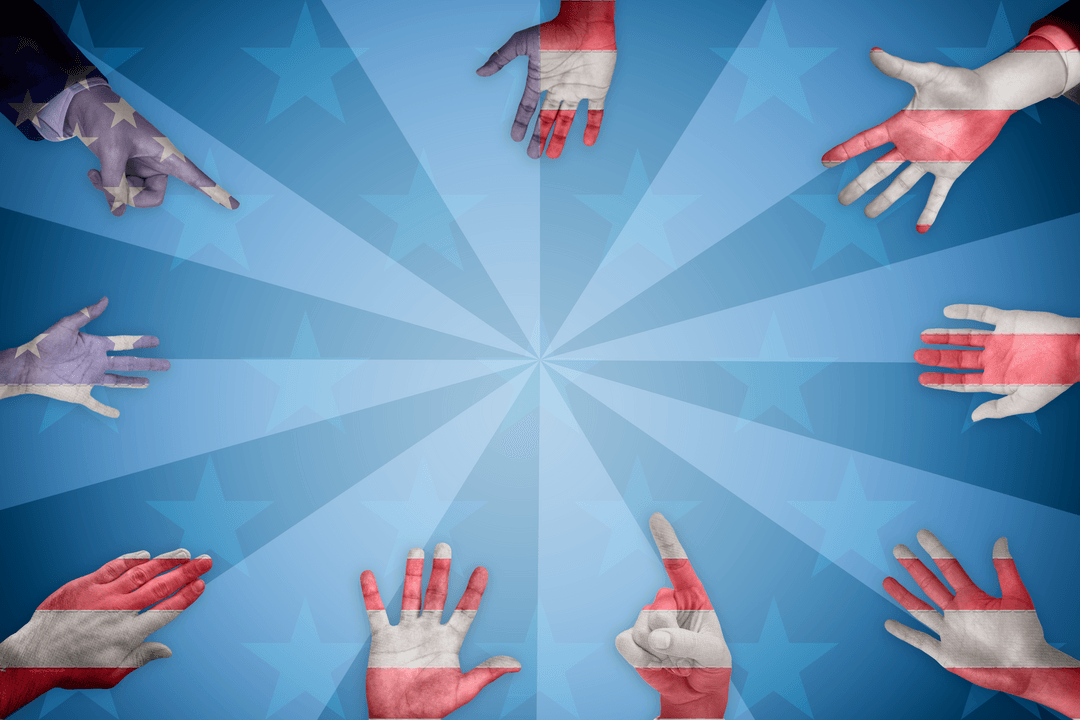 Transparent Patriotic Hands Reaching Stars with American Flag Pattern