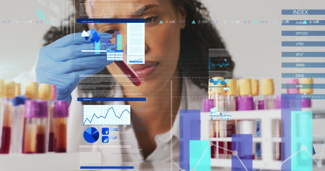 Scientist Analyzing Test Tube with Advanced Data Overlay
