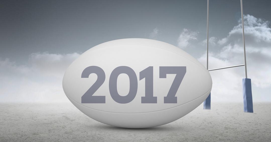 Rugby Ball with 2017 Text and Goal Posts in Cloudy Outdoors - Free Images, Stock Photos and Pictures on Pikwizard.com