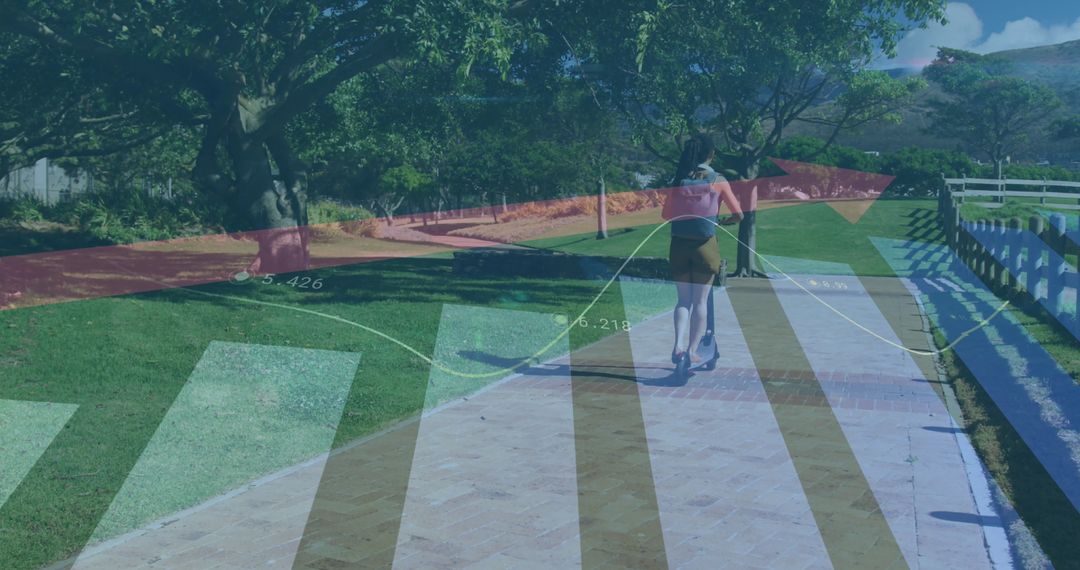 Girl Riding Scooter Overlayed with Graphs and Data Visualizations