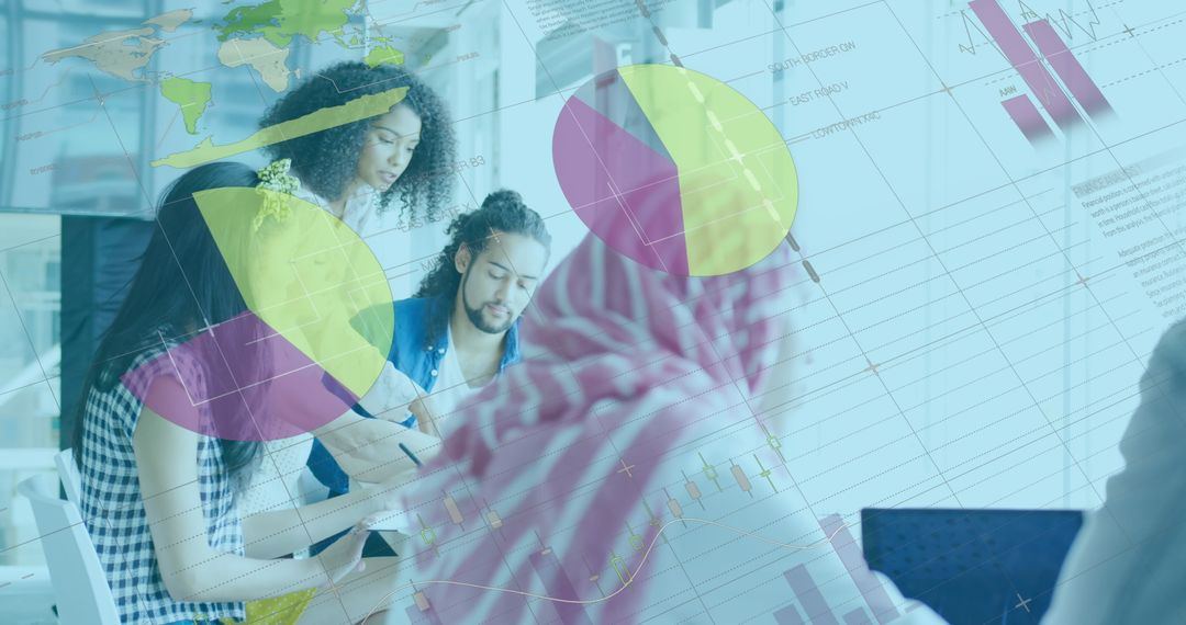 Team Analyzing Business Data with Digital Charts and Graphs Overlay