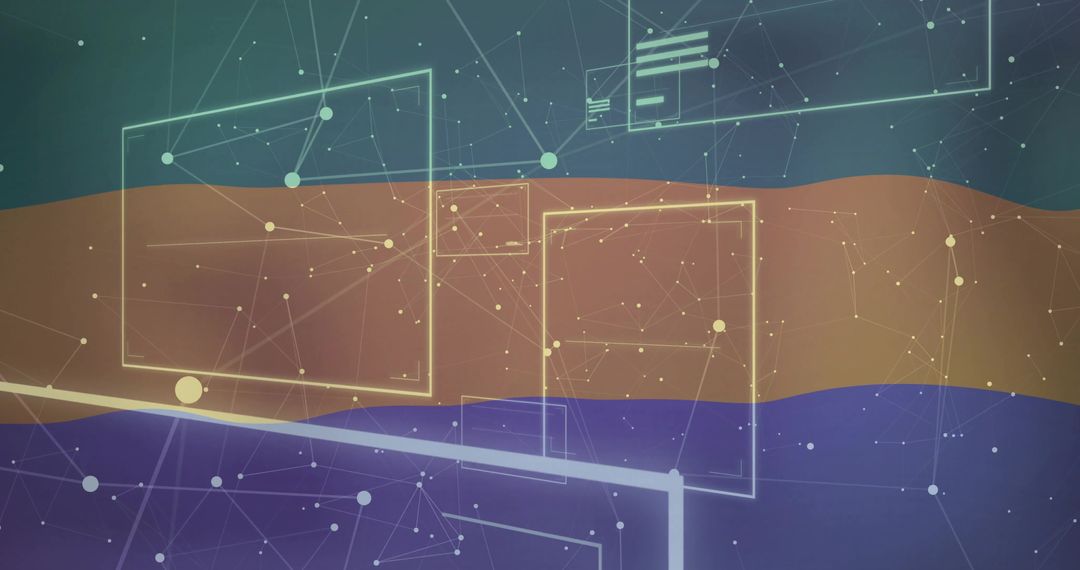 Floating network frames connecting glowing nodes over layered horizon with futuristic grid