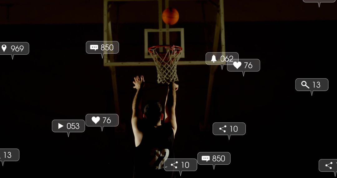 Silhouetted basketball player jumping dunk under spotlight surrounded social alerts