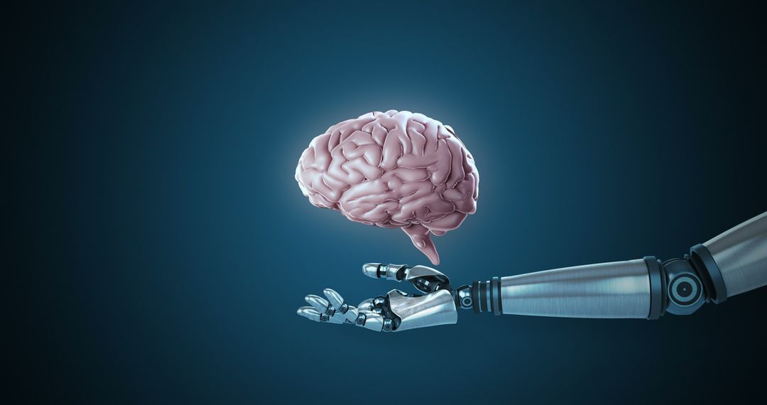 Robotic Hand Holding Digital Human Brain in Futuristic Concept