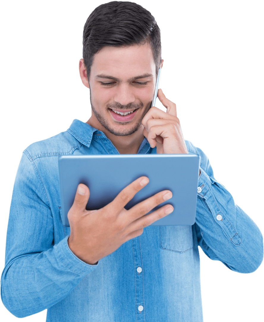 Smiling Man Using Tablet While Talking on Phone Transparent Background