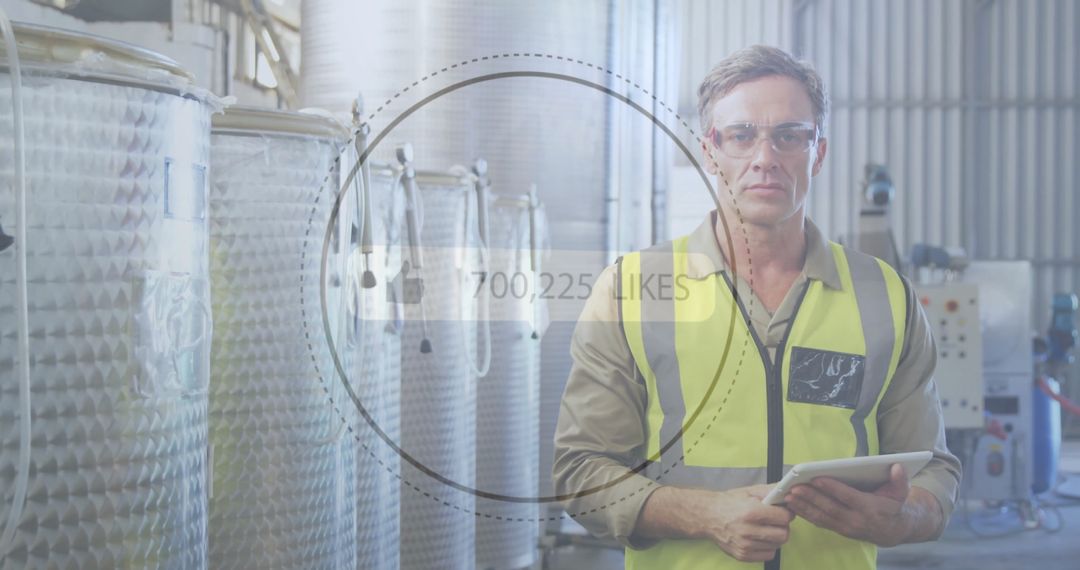 Worker Using Tablet in Factory with Social Media Overlay