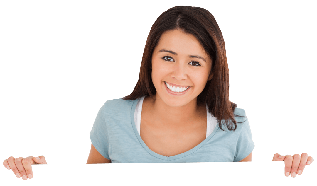 Smiling Brunette Holding Blank Card Transparent Background