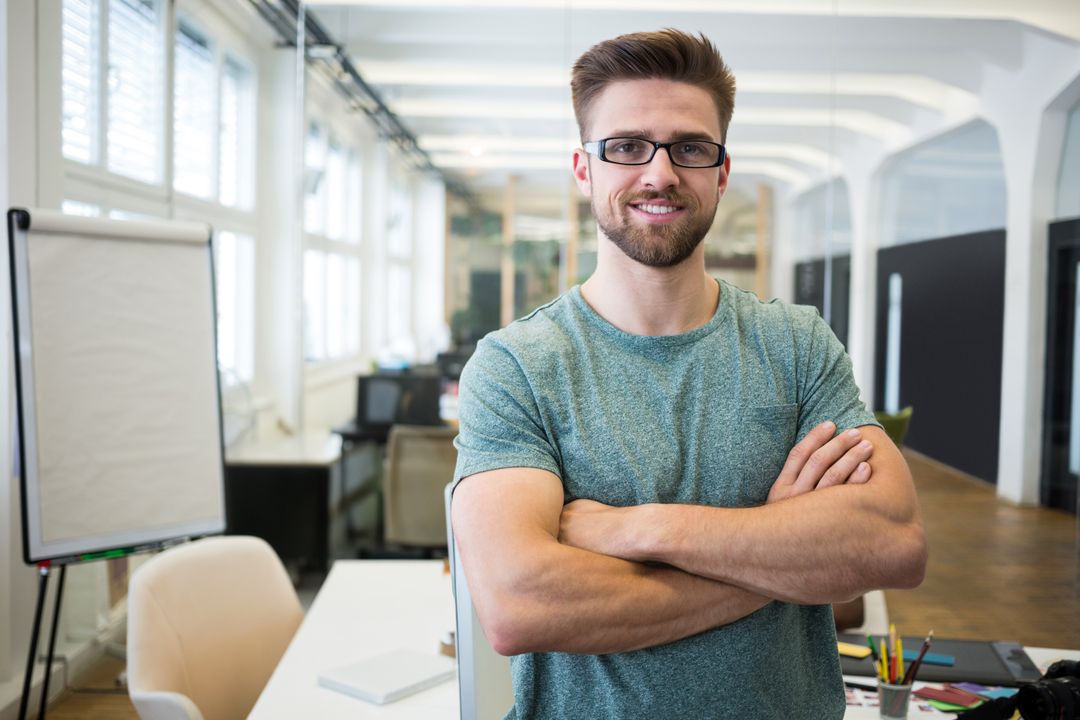Confident Professional in Modern Open-Plan Office Environment