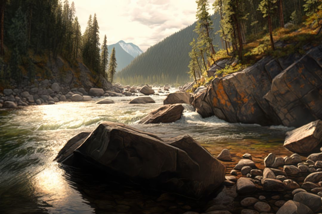 Beautiful landscape of river creek with rocks and mountains, created using generative ai technology - Free Images, Stock Photos and Pictures on Pikwizard.com