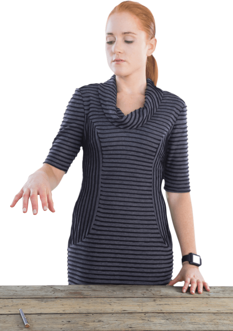 Woman Presenting Invisible Object over Wooden Table on Transparent Background