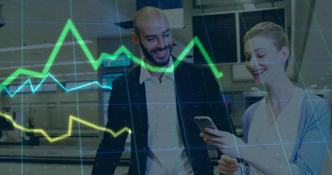 Global Finance Concept with Two Business Professionals Analyzing Mobile Data