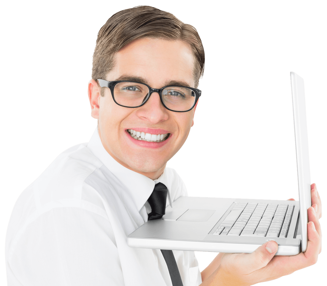 Transparent Office Worker Holding Laptop Smiling Brightly