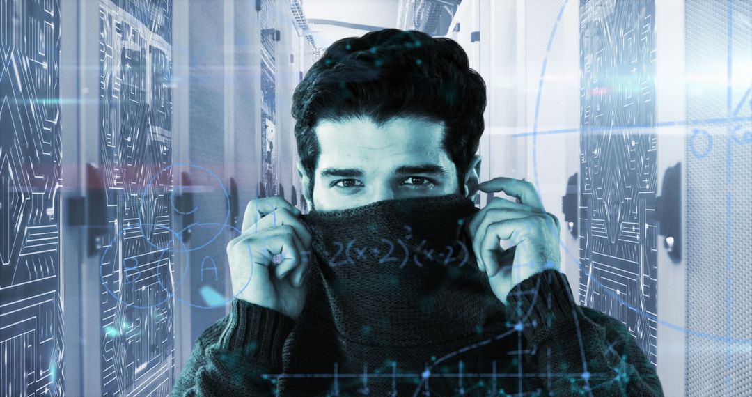 Mysterious Man in Server Room with Digital Math Overlay
