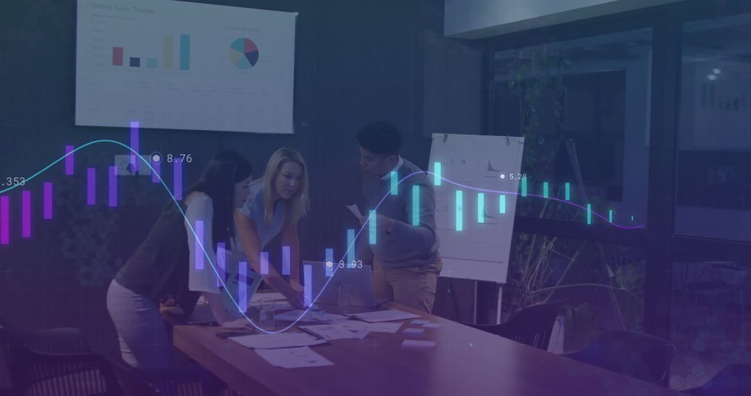 Diverse Team Analyzing Data with Graph Overlay in Modern Office