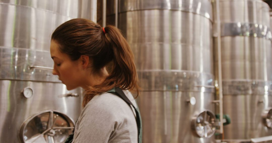 Female Worker Inspecting Large Industrial Fermentation Tanks in Microbrewery - Free Images, Stock Photos and Pictures on Pikwizard.com