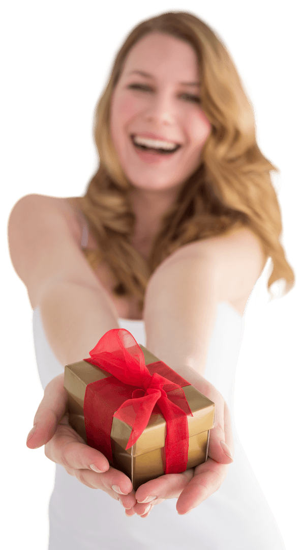Woman Offering Transparent Gift Wrapped with Red Bow
