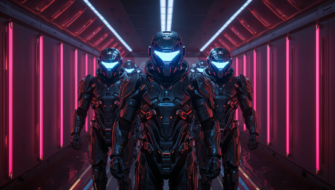 Futuristic Soldiers in Exoskeleton Armor with Neon Lighting