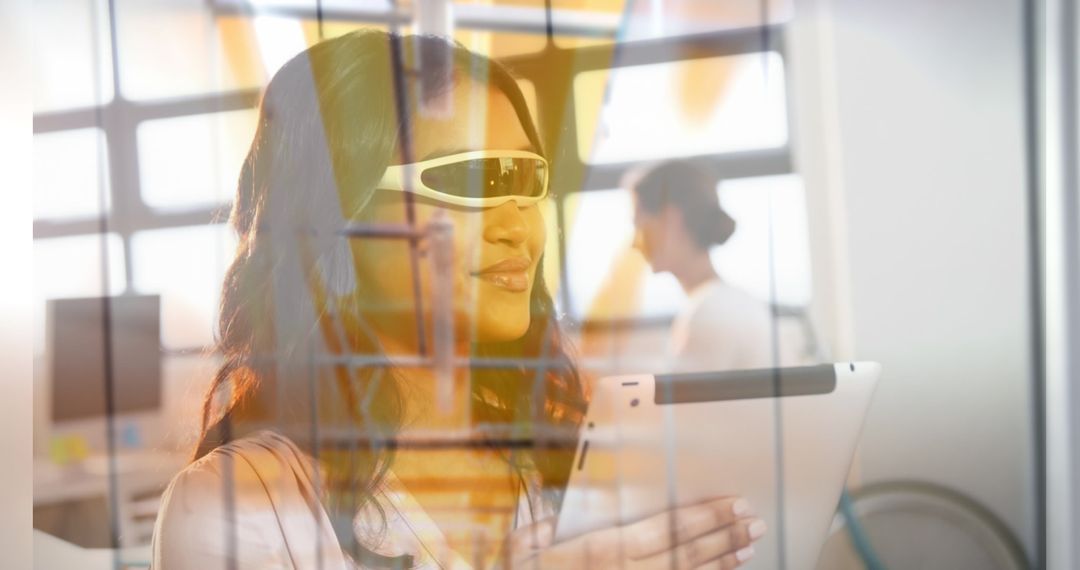 Tech-Savvy Woman Using Tablet in Futuristic Office
