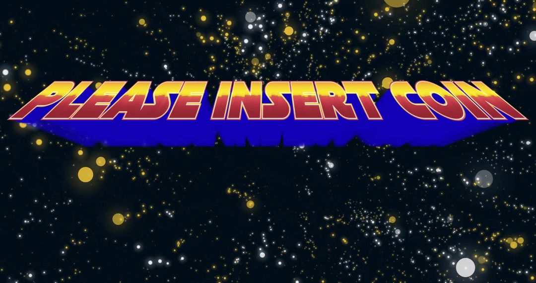 Please Insert Coin floating 3D neon typography over retro arcade starfield galaxy backdrop