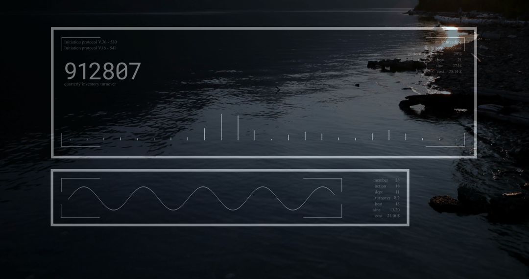 Futuristic Data HUD Over Rocky Coastline at Dusk