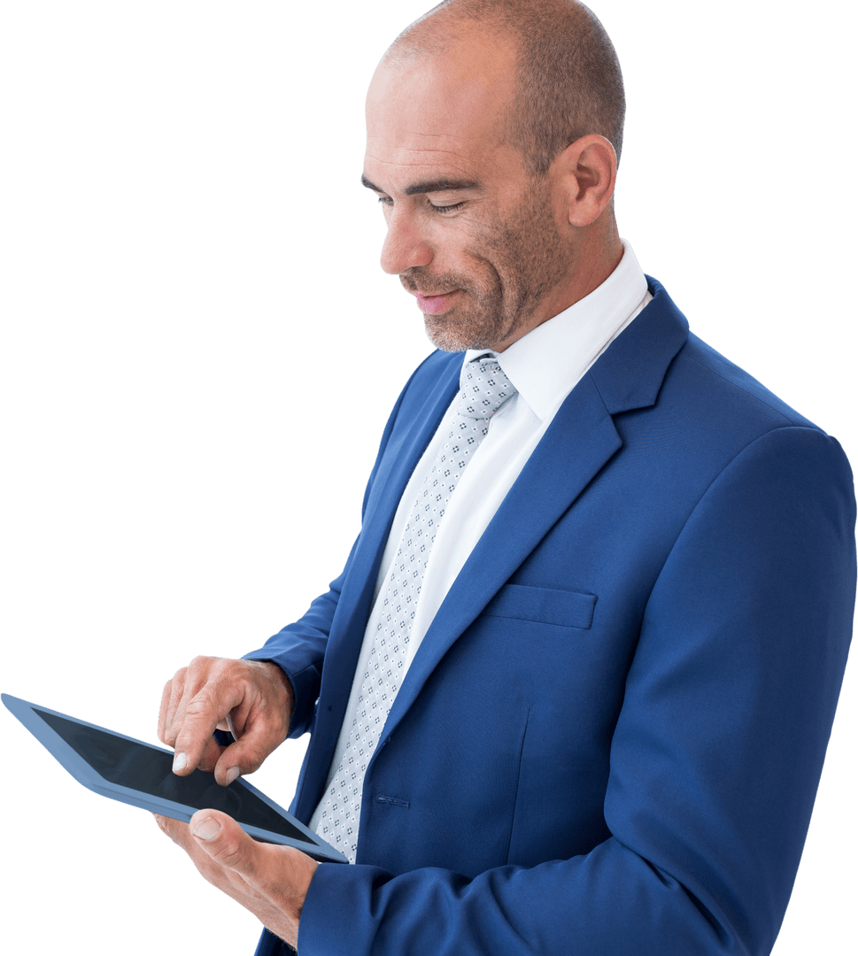 Business Professional in Suit Using Tablet with Transparent Background
