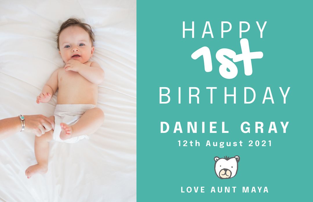 Happy First Birthday Greeting with Smiling Baby Boy on Blue Background - Download Free Stock Templates Pikwizard.com