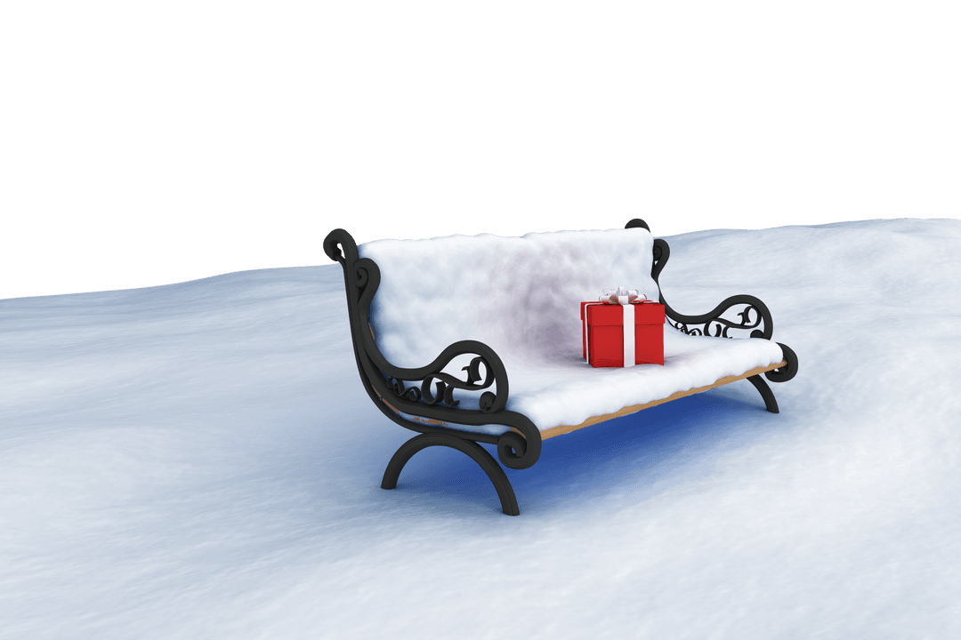 Solitary Gift Box on Snow-Covered Park Bench with Transparent Background