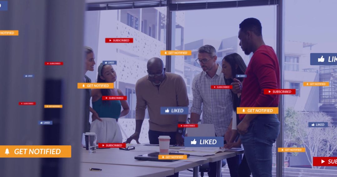 Diverse Team Discussing Digital Strategy with Social Media Overlays