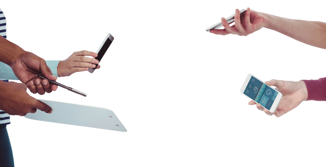 Hands Holding Smartphones and Tablet with a Transparent Background