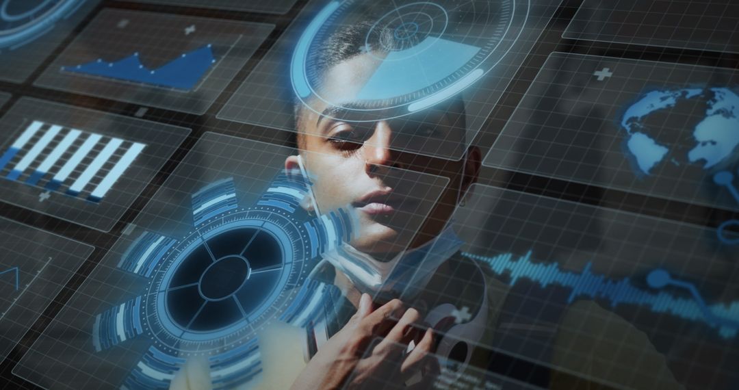 Tech Interface Overlay on Person Adjusting Face Mask