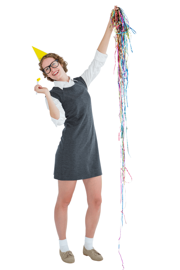 Transparent Happy Woman with Party Hat and Confetti Streamer