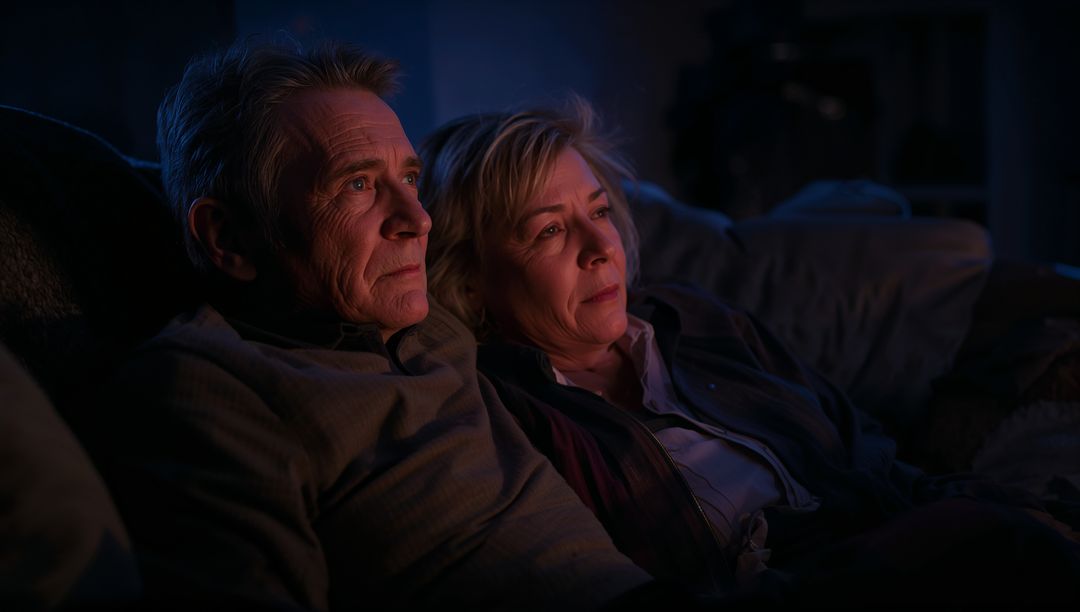 Senior Couple Relaxing on Sofa at Night Wrapped in Blanket Warm Intimate Evening Moment