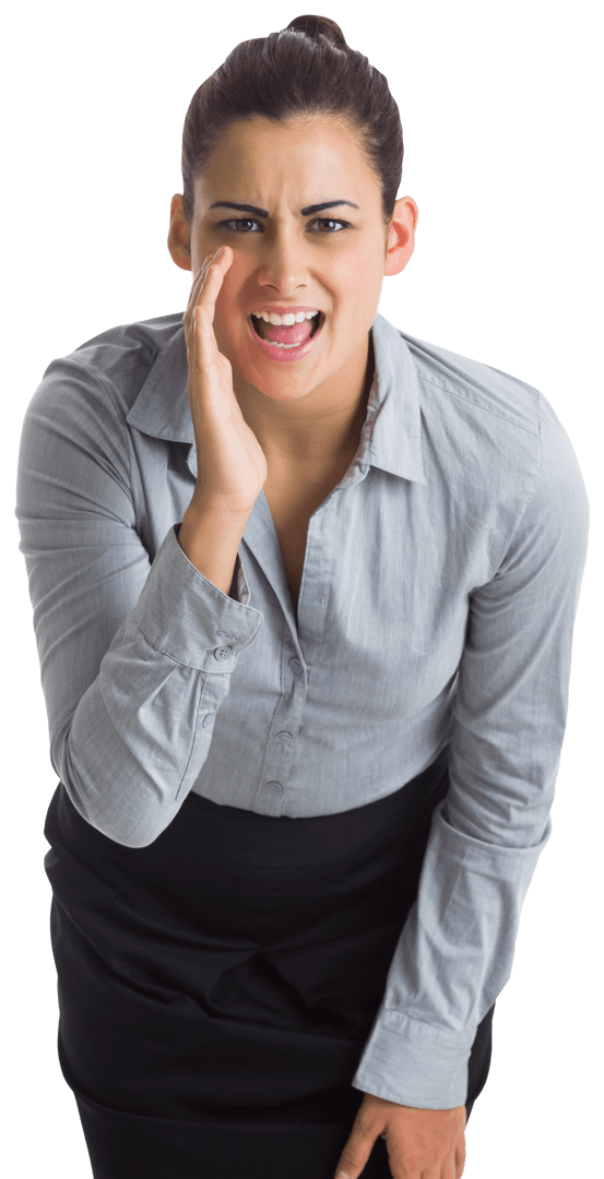 Businesswoman Shouting with Hand Near Face Transparent