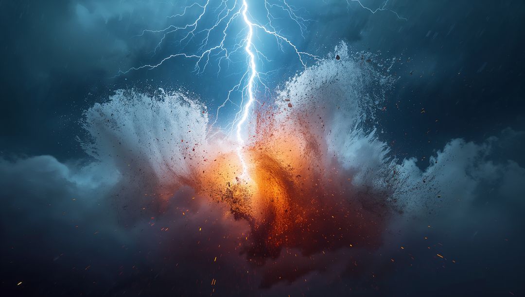 Lightning Bolt Strikes Fiery Explosion Amid Dark Stormy Clouds