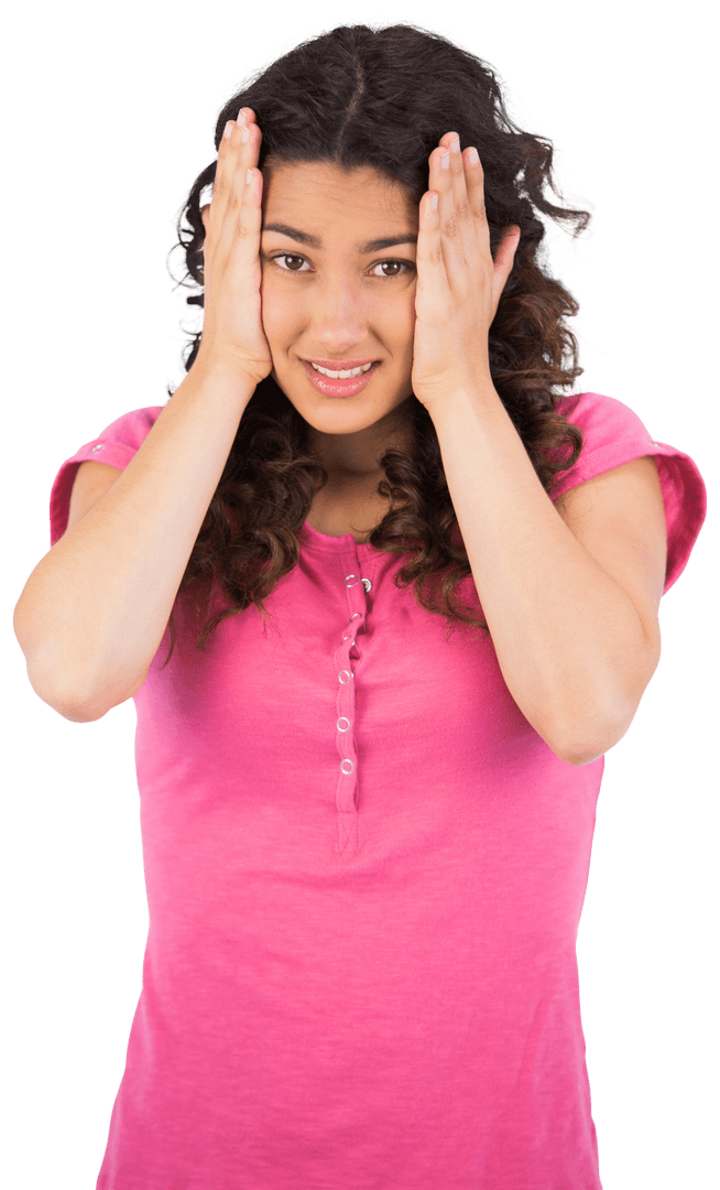 Transparent Upset Woman Holding Head with Pained Expression
