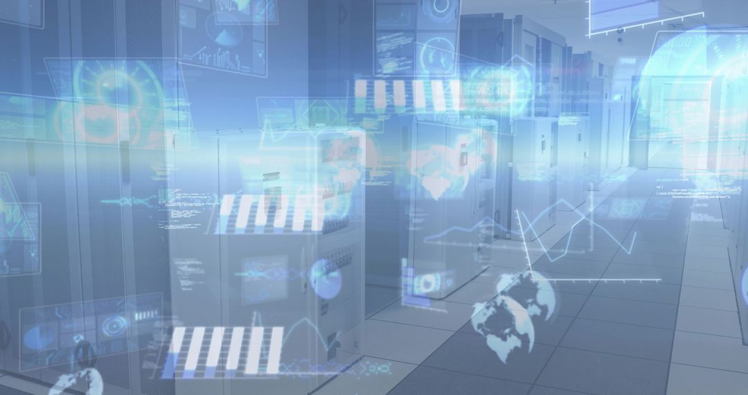Futuristic Data Center Corridor Projecting Holographic Dashboards and Server Monitoring