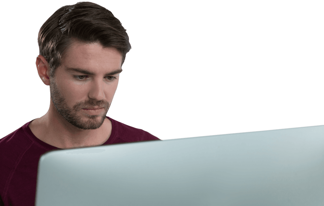 Concentrated Caucasian Man Using Transparent Laptop