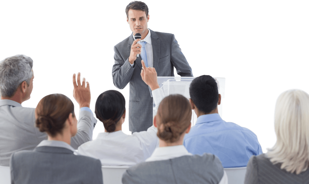 Businessman Delivering Speech at Corporate Meeting with Transparent Background