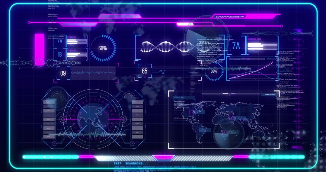 Futuristic Digital Interface with DNA and Data Visualization