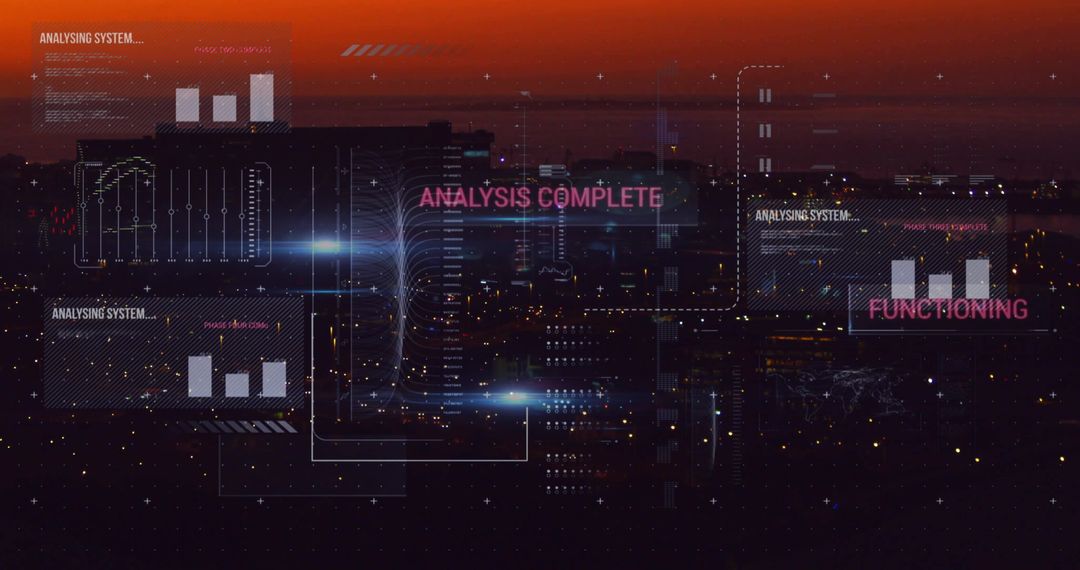 Futuristic Cityscape with Scanning Analysis Interface at Sunset