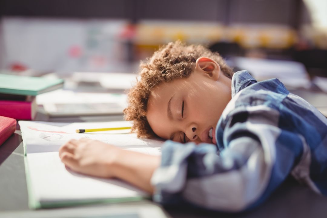 Young Student Sleeping on Open Notebook at School Desk