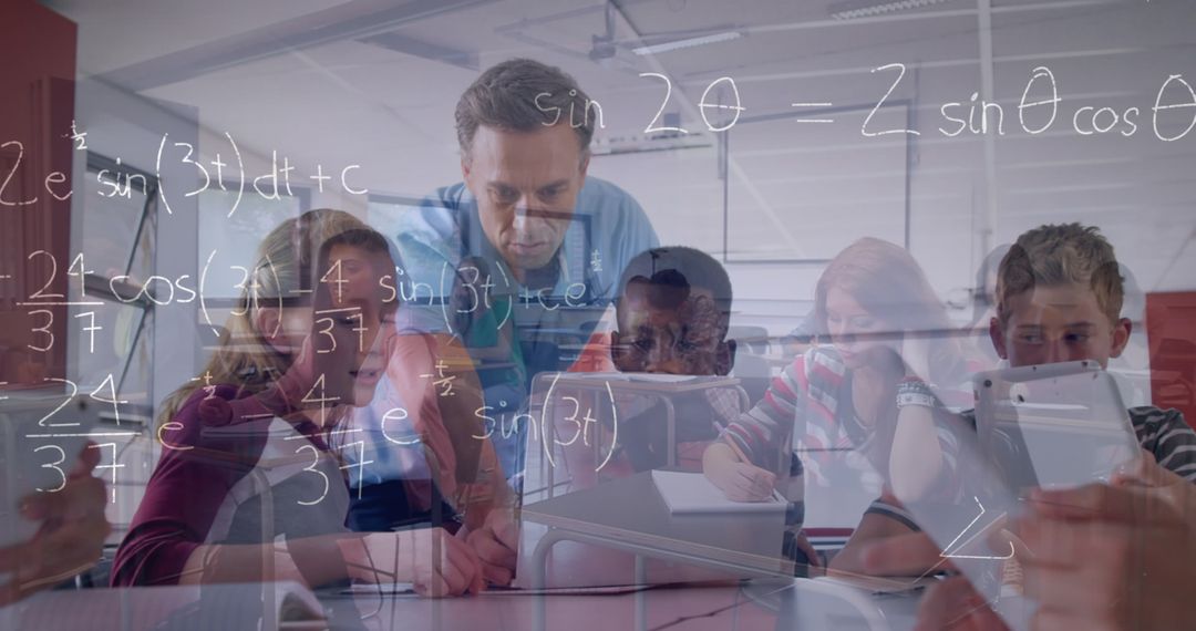 Teacher with Students Using Laptop Overlaid with Mathematical Formulas