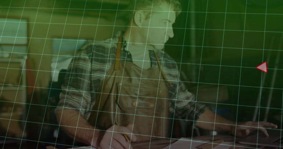 Artisan Woodworker Aligning Wood with Precision Grid Overlay