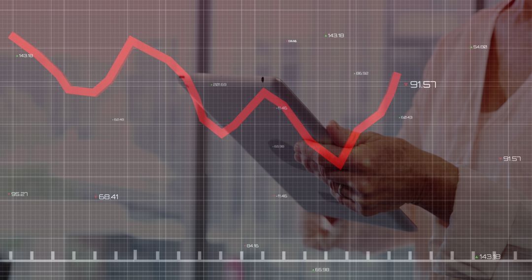 Executive Analyzing Data on Tablet with Red Line Graph Overlay
