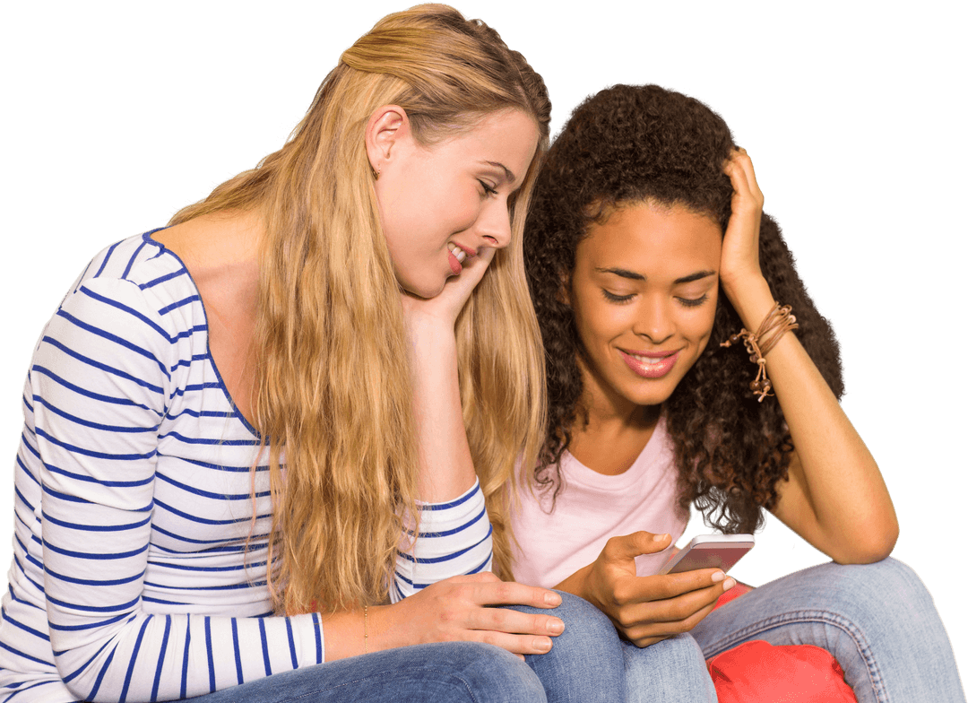 Happy College Friends Smiling Over Smartphone in Transparent Background
