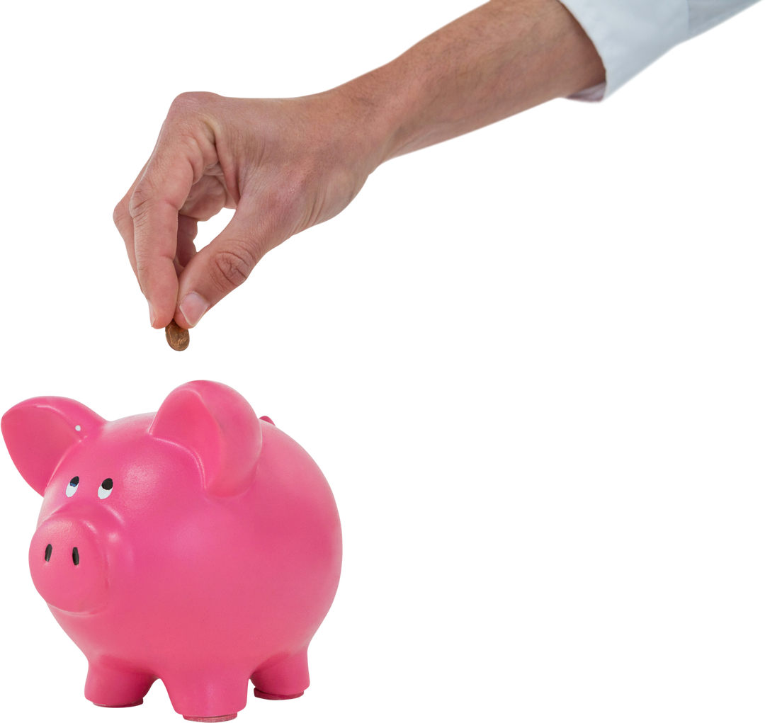 Transparent hand inserting coin into pink piggy bank representing savings - Download Free Stock Images Pikwizard.com