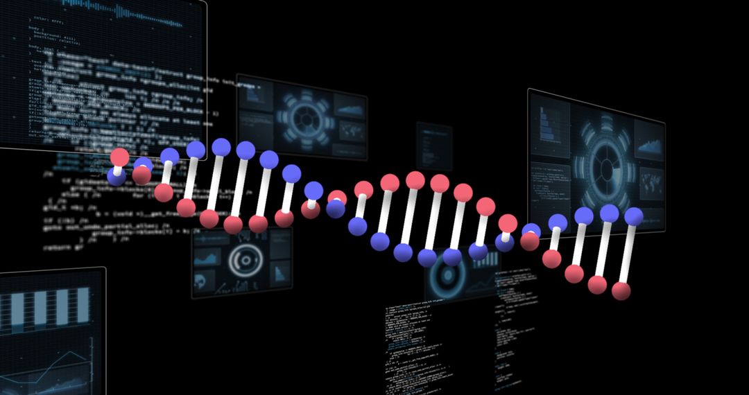 DNA Strand Digital Abstract with Data Interface on Black Background