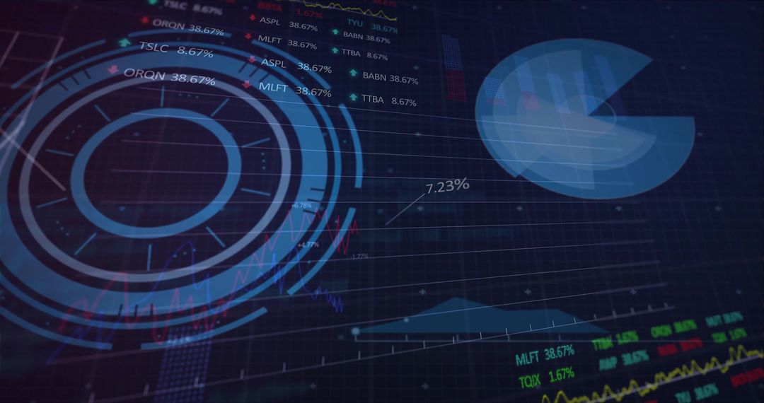 Futuristic financial dashboard featuring concentric HUD rings, pie chart and neon analytics overlay