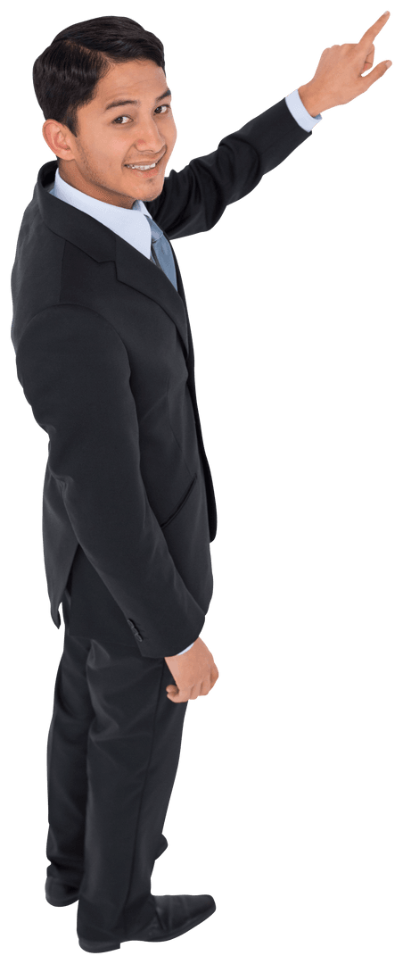 Asian Businessman Pointing Upwards on Transparent Background