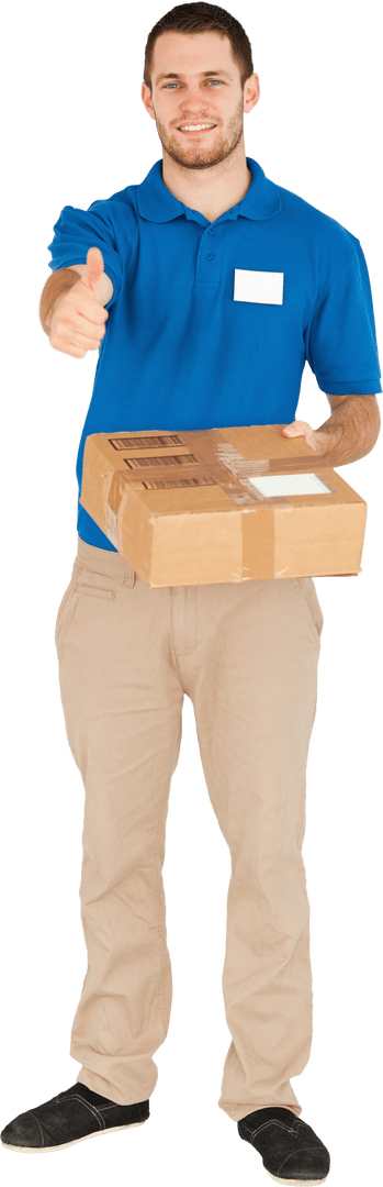 Transparent Delivery Man Smiling Thumb Up with Package